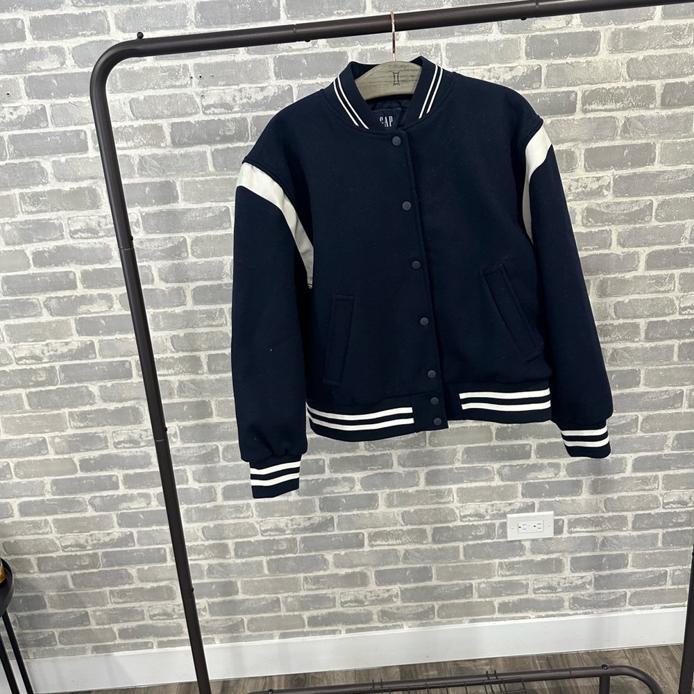Gap recycled wool blend varsity jacket